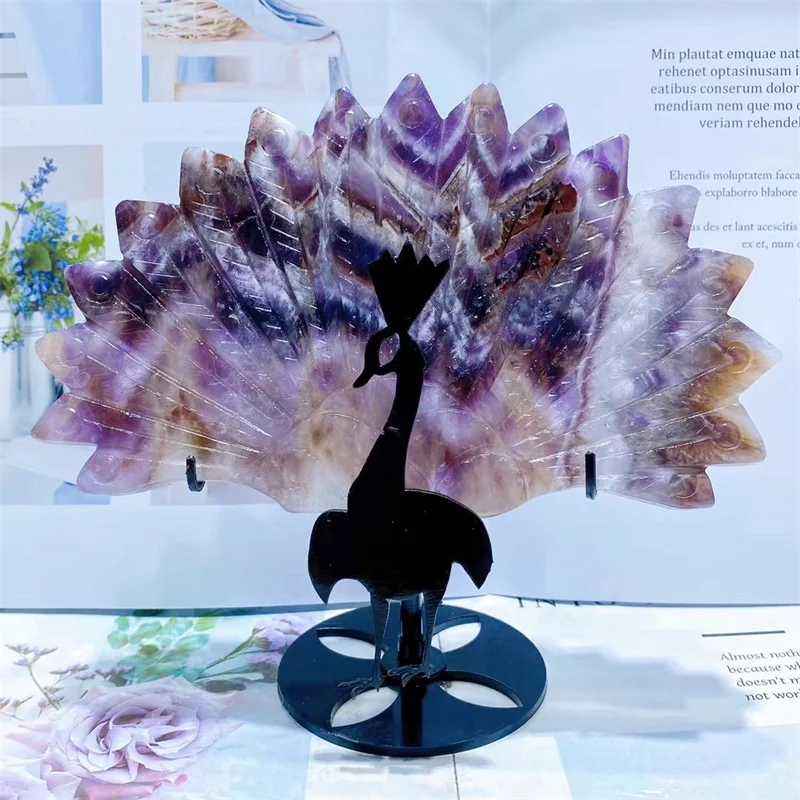 Natural Dream Amethyst Peacock Feather Wings, Crystal Crafts, Healing Gemstone, Girl Birthday Present, Home Decoration