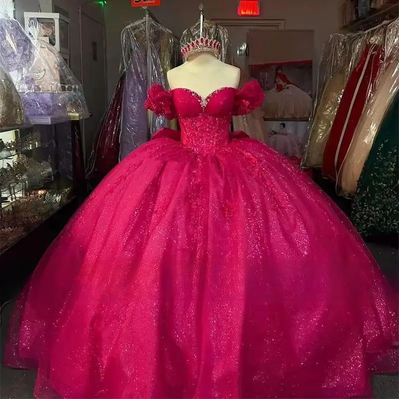 

Customized ShinyPink Off The Shoulder Quinceanera Dresses Ruffle Appliques crystal Birthday Luxury Dress Bow Sweet 16