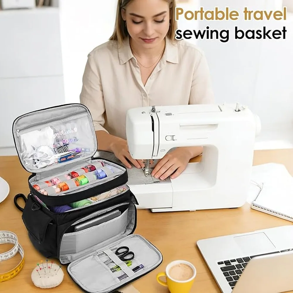 Sewing Box Organizer Functional And Stylish With Double Layer Storing Threads And Needles Including