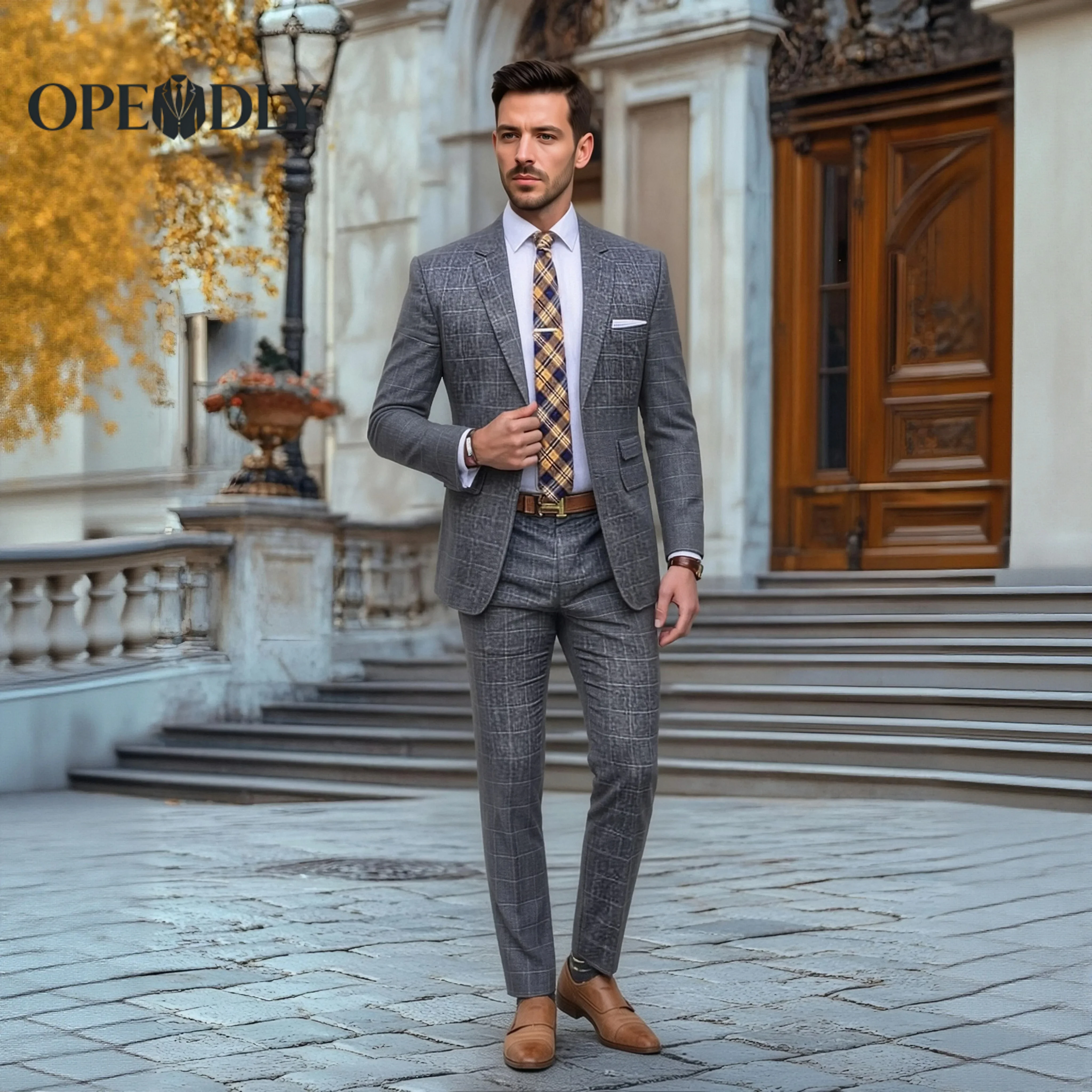 

OPEODLY Men Custom Tailored Slim Fit Three Piece Suit Tuxedo Wedding Business Formal Blazer Vest Pants