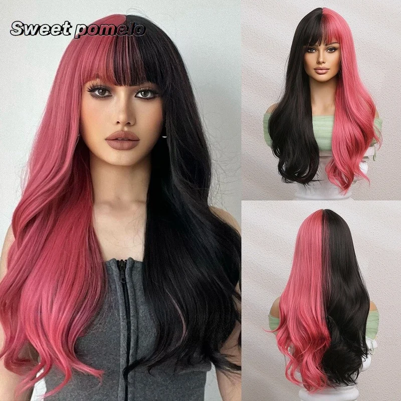 cosplay wig for women with bangs Black pink two-tone long curly hair wig