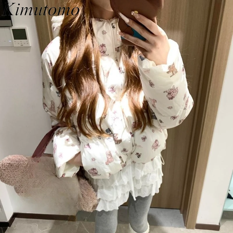 

Kimutomo Parkas Women Winter Fashion Sweet Cartoon Printed Hooded Padded Jackets Y2k Aesthetic Harajuku Ladies Coats Casual