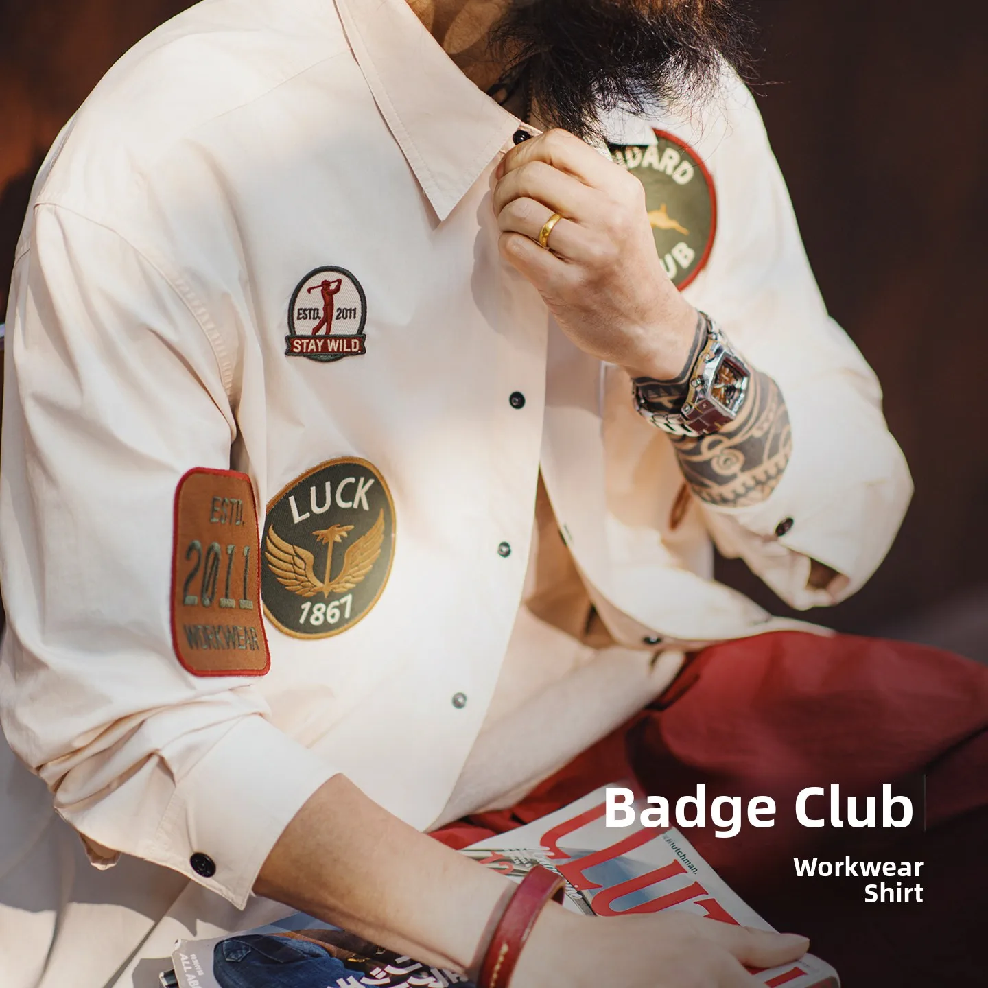 

Maden American Sle Long Sve irt Jaet Thin White ket Patchwork Men's Spring Cotton Twill Embroidery Workwear Coat