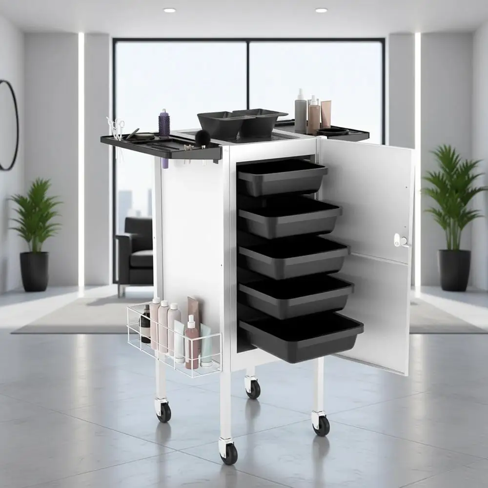 Carrito Metálico Mejorado con 5 Estantes Bloqueables, 2 Cestas para Almacenamiento de Productos de Belleza y Uso de Estilistas - Blanco