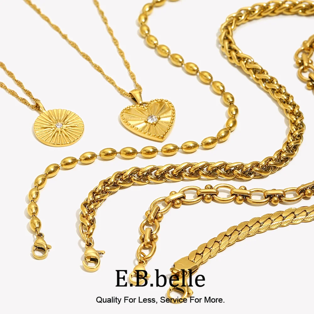 E.B.belle Official Store Stainless Steel Jewelry Heart Shape Leaf Grain Central Zircon Stone Paved Coin Heart Pendant Necklace