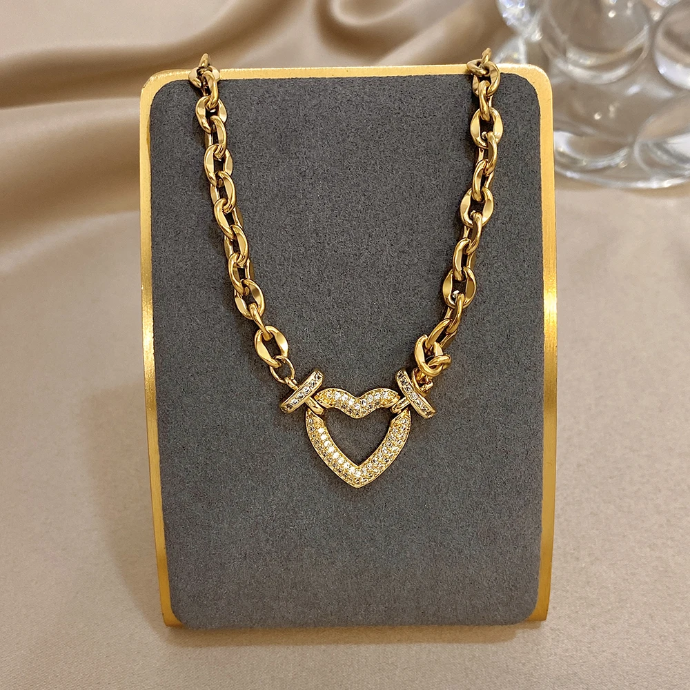 Stainless Steel Inlaid Zircon Lock & Heart Charms Necklace for Women Men Chunky Gold-Plated Thick Cuban Chain Daily Jewelry