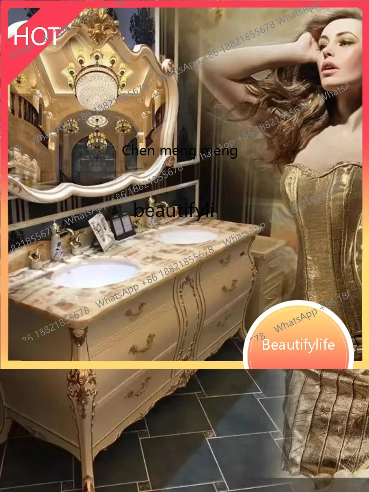 A  High-End Retro Bathroom Cabinet Combination Oak Bathroom Table Marble Double Basin Face Washing CabinetSS 8617