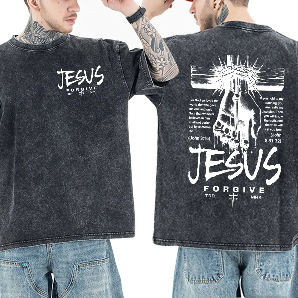 Jesus Christian Vintage Washed T-shirt Men Women Gothic Fashion Oversized Short Sleeves T Shirts Streetwear Religious Tee Shirt