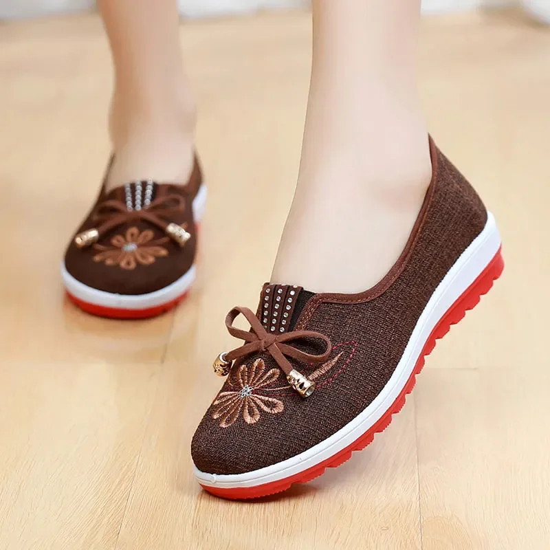 Women Fashion Bow Tie Brown Light Weight Anti Skid Flat Shoes Chinese Traditional Comfort Spring Summer Flat Shoes Zapatos A45