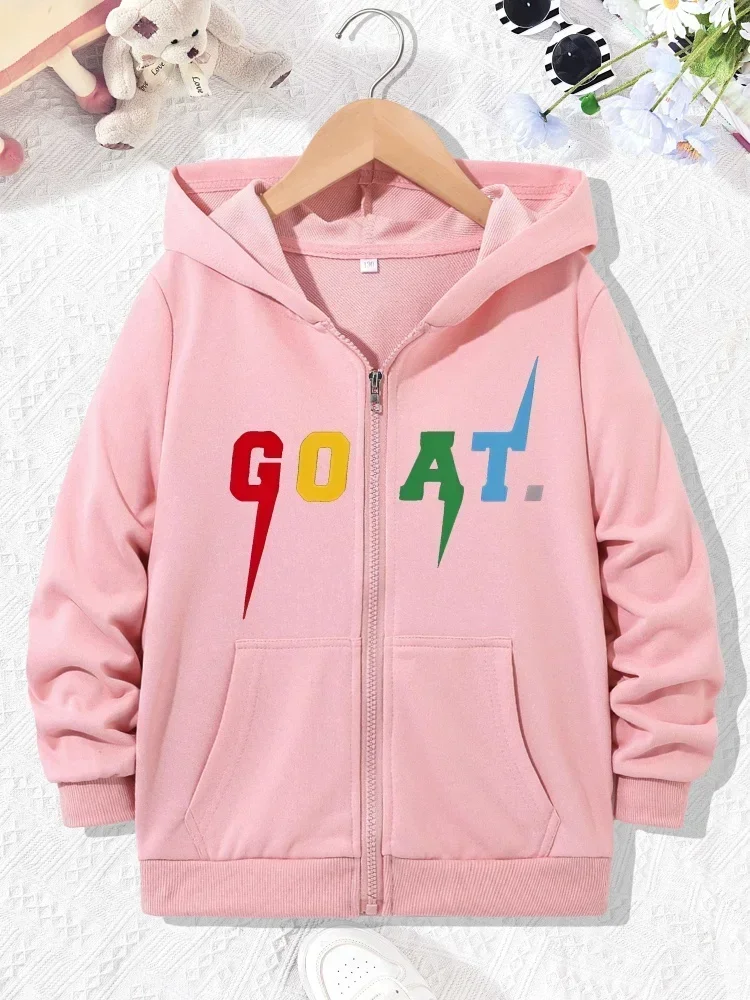 Stylish Lightning Shape GOAT Color Letter Print Girls Pink Zip Hoodie Pocket Design Comfort Casual Children Jacket