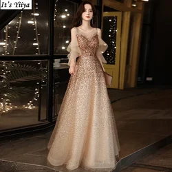 It's Yiiya Customized Evening Dresses Golden Sequins O-Neck A-Line Lace Up Floor-Length Plus size Woman Formal Party Gowns A804