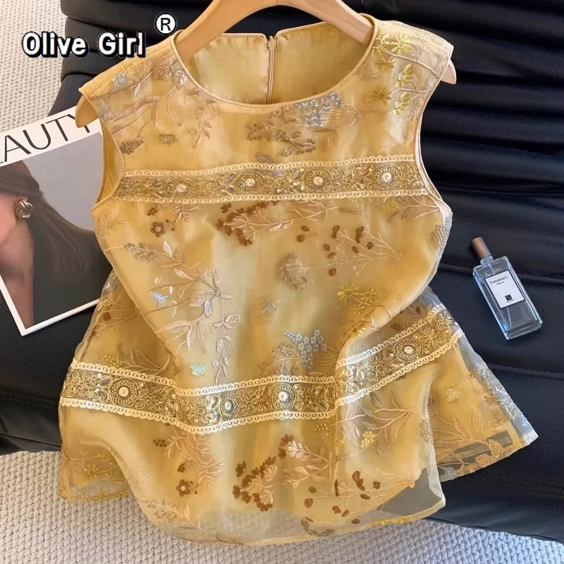 

Желтая блузка в китайском стиле с вышивкой из парчи от Olivegirl, летняя богемная рубашка-жилет, элегантная высококачественная женская одежда