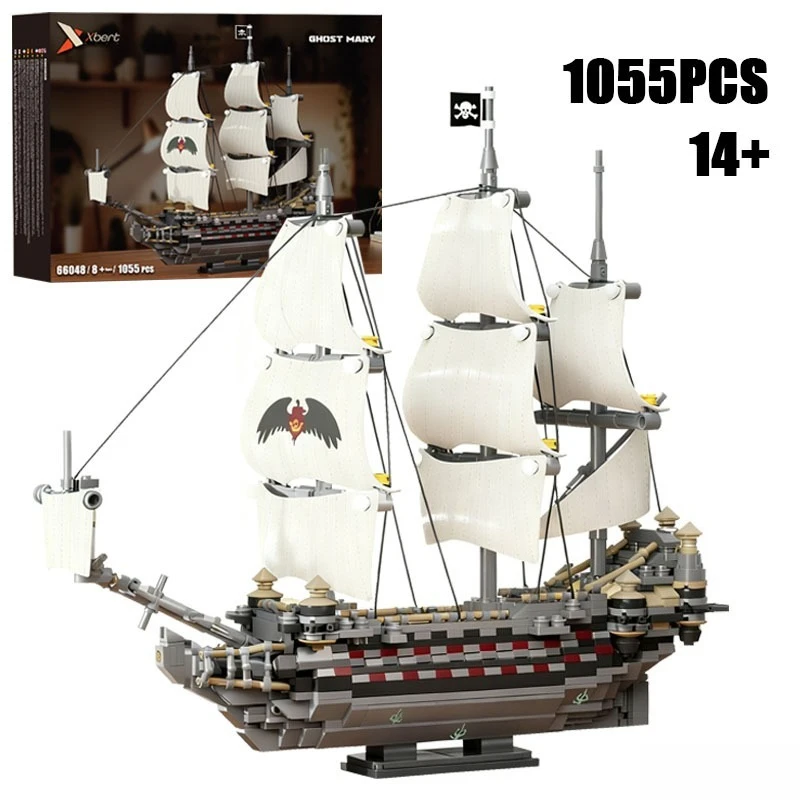 

1055PCS Or 774PCS Creative Ghost Mary Black Pearl Sailboat Building Blocks Desktop Ornament Gift For Kid Adult