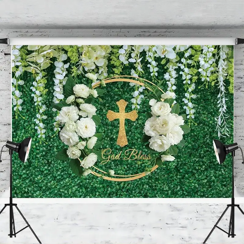 God Bless Backdrop Baptism Party First Holy Communion Christening Banner Decor Flower Baby Shower Background Photo Booth Props