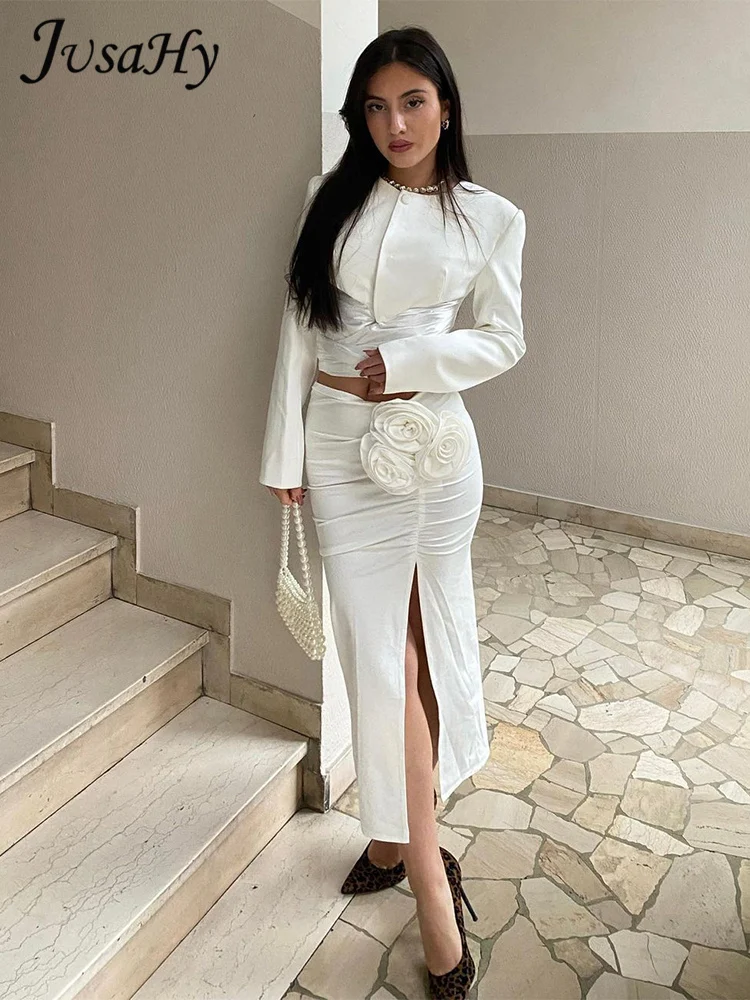 Jusahy Summer Release Junior Mid-Calf High Street Skirt Suit K24S51676 Girl Solid Fold Slit Expose waist Long Sleeve Skirt Suit