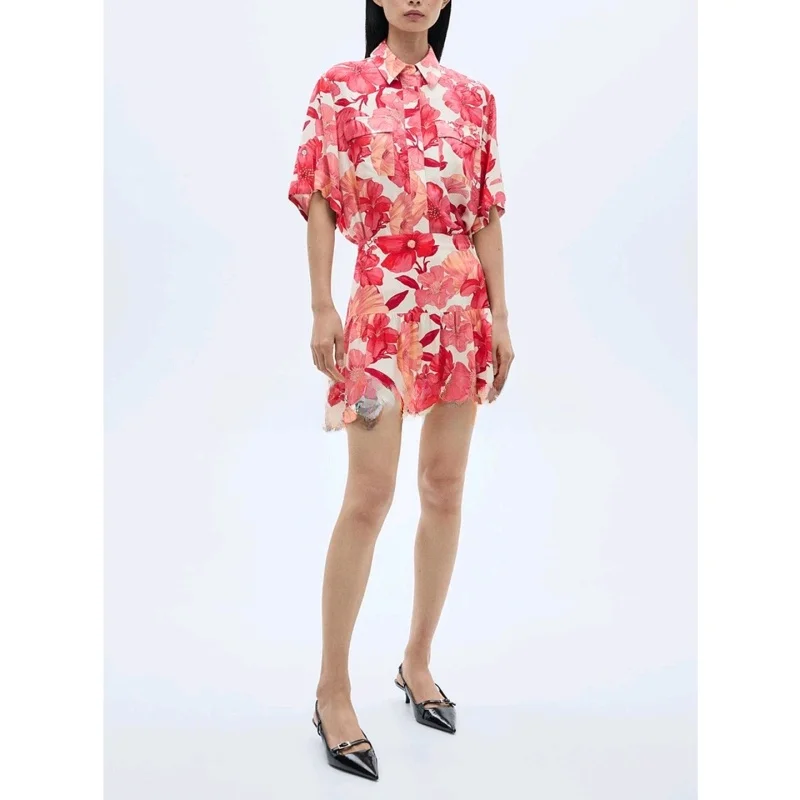 ชุดเซ็ตกระโปรงลายผสมผสาน เสื้อคอปกติดกระดุม แขนสั้น แฟชั่นฤดูร้อน 2025 เสื้อผ้าผู้หญิง