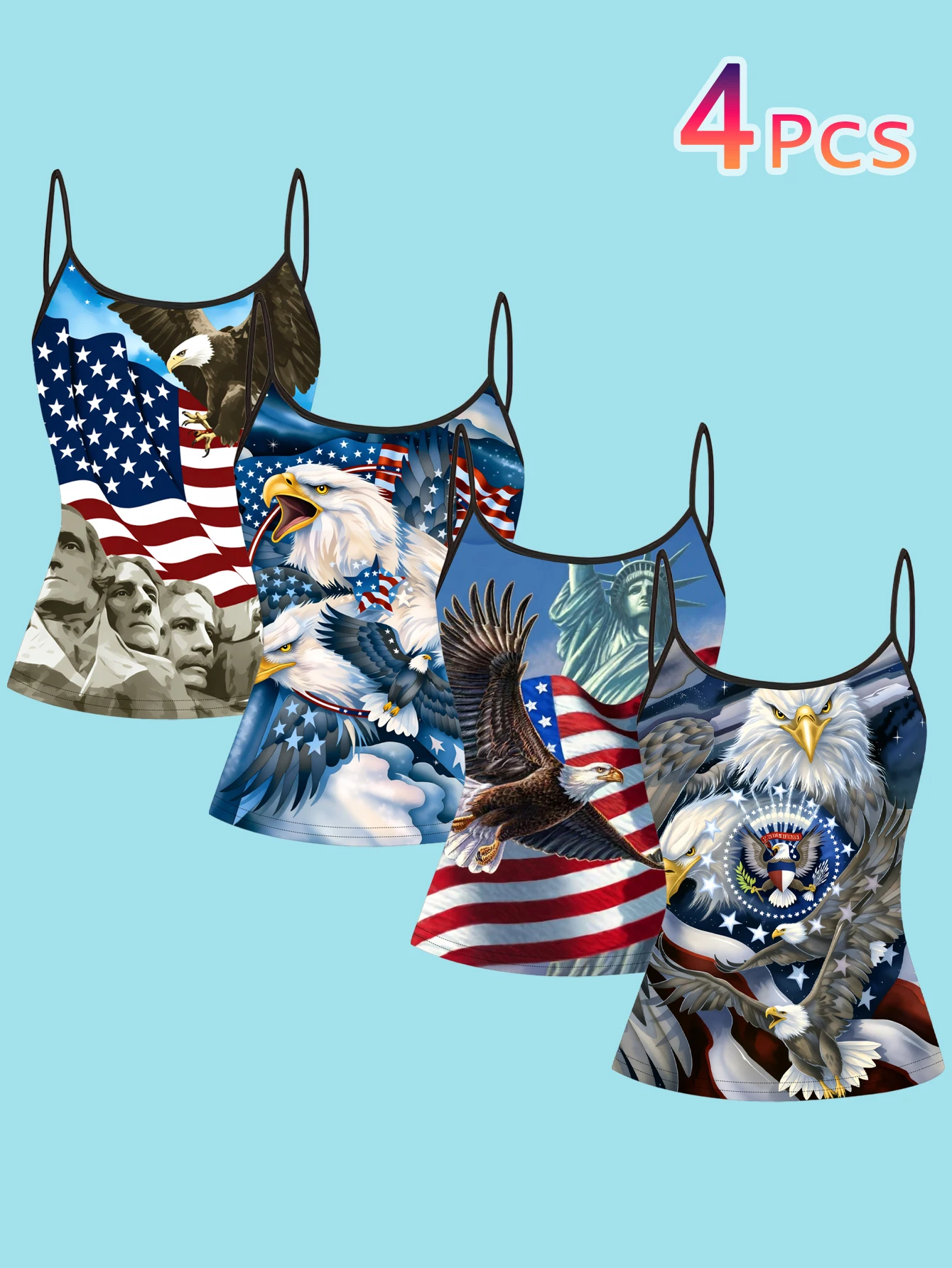 4-Piece Set of American Flag Bald Eagle Print Camisoles, Star-Striped Patriotic Style Spaghetti Strap Sleeveless Tops, Independence Day Themed Slim-Fit Inner and Outer Wear Vest Set