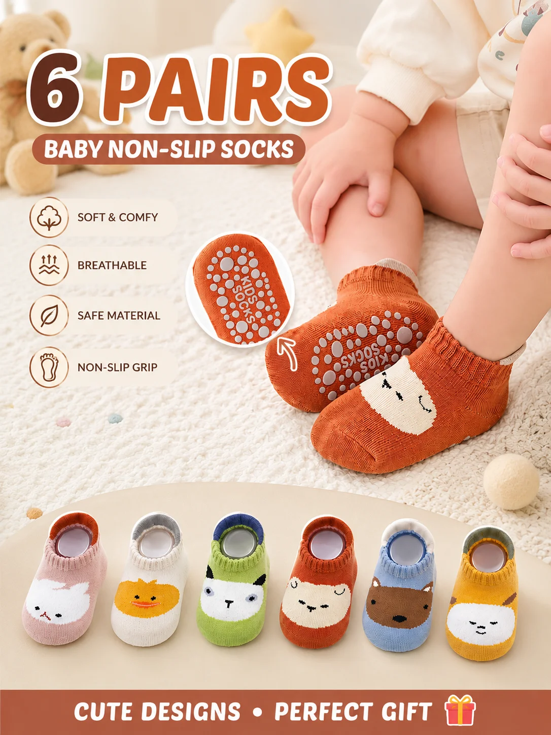 6 pairs of boys and girls' anti slip socks with cute cartoon animal patterns, comfortable and breathable baby floor socks