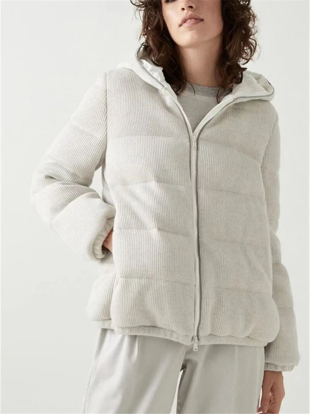 Hooded Down Coat with Zipper, Cashmere Tops, Outerwear, High Quality, Winter