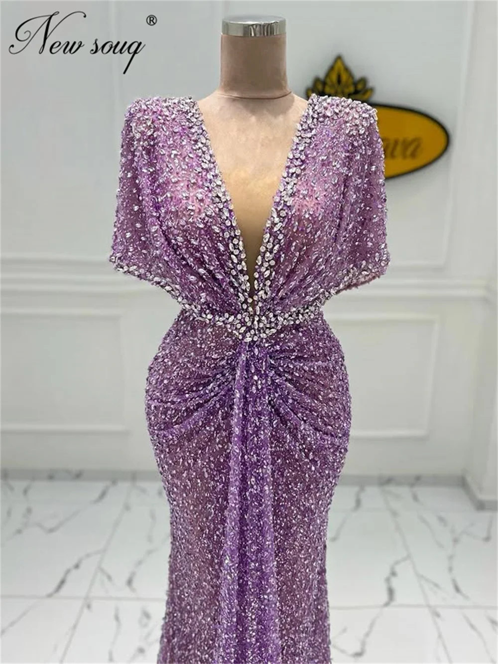 

African Purple Sequins Prom Dresses Customized Aso Ebi Dubai Beading Engagement Party Dress Women Evening Dress Robes De Soiree