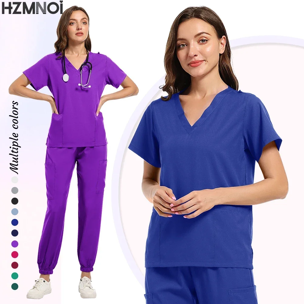 Odzież robocza unisex Garnitury Lekarz Mundury pielęgniarskie Krótki rękaw Topy z dekoltem w kształcie litery V Spodnie z kieszeniami Zestaw peelingów pielęgniarskich Odzież medyczna kliniczna