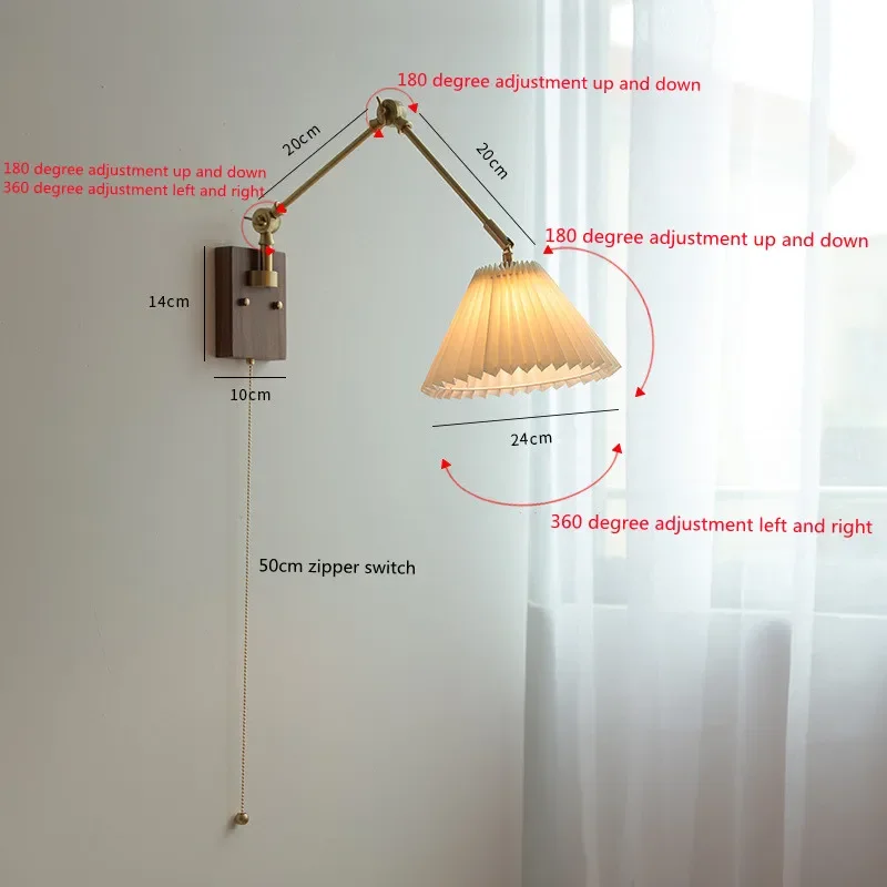 Japanese-Style Pleated Wall Lamp Bed All Copper Designer Long Arm FoldingTelescopic Belt Pull Switch