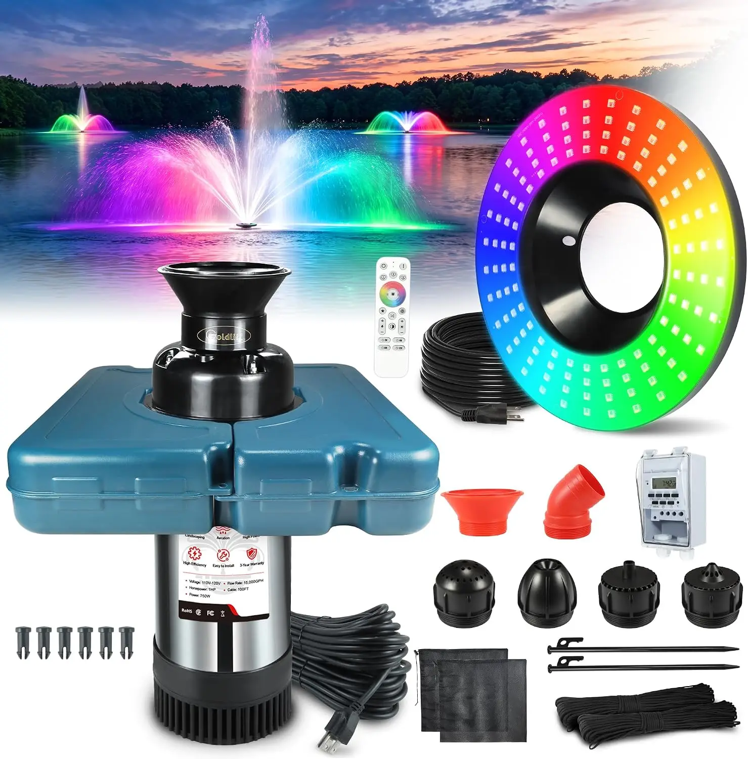 Pond Fountain Aerator Lights F2 F0 1 Nozzle 7 1HP Large Floating Kit 750W 110V 15000 GPH Pump 160W RGBW 16000LM 120LED Cords Aut