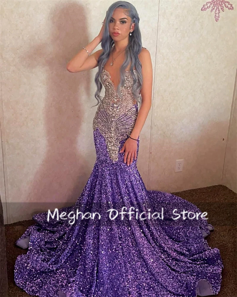 

Purple O Neck Long Prom Dresses For Black Girls Bead Crystal 2025 Birthday Luxury Dress Sequin Graduation Gown Customized