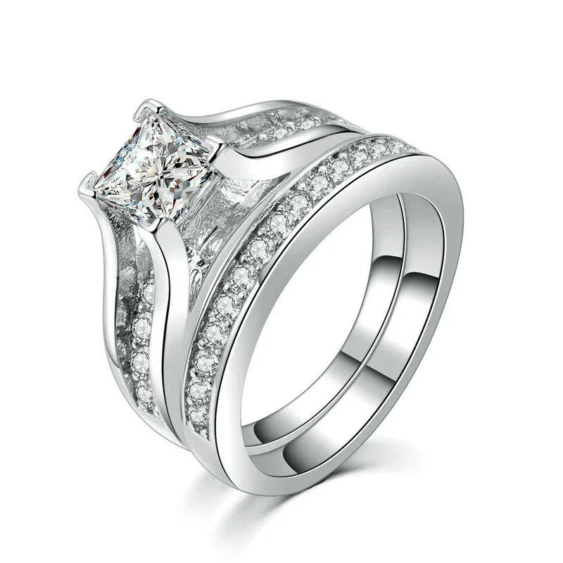 Moonso Silver Color Bride Wedding Engagement Ring Sets for Women Bridal Moonso Product Fashion Finger Wholesale Jewelry R4880ac