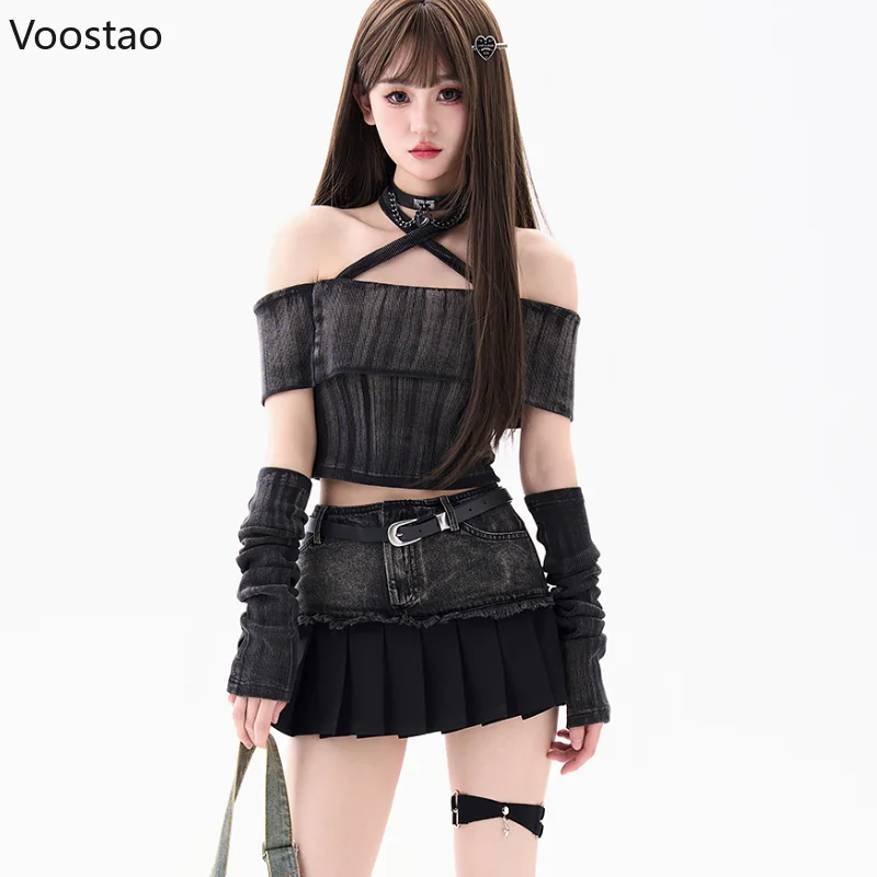 Gothic Y2k 2 Piece Set Women Vintage Off Shoulder Slash Neck Blouse Tops With Oversleeve Mini Pleated Skirt Suit Female Outfits