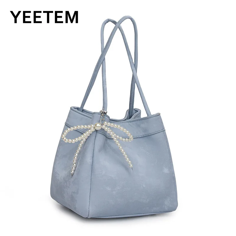 

2024 New Shoulder Messenger Bag Female Pearl Satin Bucket Bag Female Elegant Handbag+ Pearl Bow Pendant