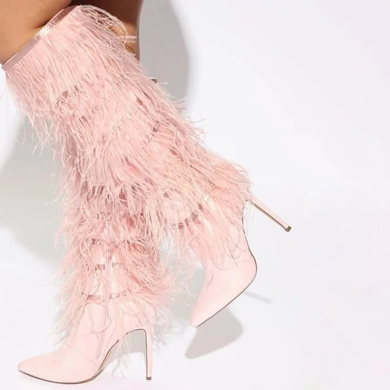 

Feather Fringe Knee High Boots Pointed Toe Thin Heels Slip On Soft Fur Tassels Thigh High Boots Light Pink