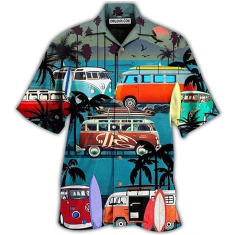 

3D Car Motorcycle Print Hawaiian Men's Shirt Short Sleeve Summer Beach Vacation Casual Loose Fashion Lapel Blouse
