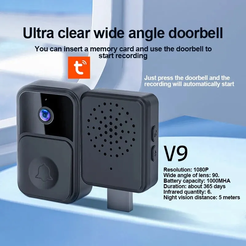 Tuya VisualV8v9 Inteligente campainha WiFi, Monitoramento remoto ao ar livre Intercom, IP65 à prova d'água Câmera do telefone móvel, HD Night Vision