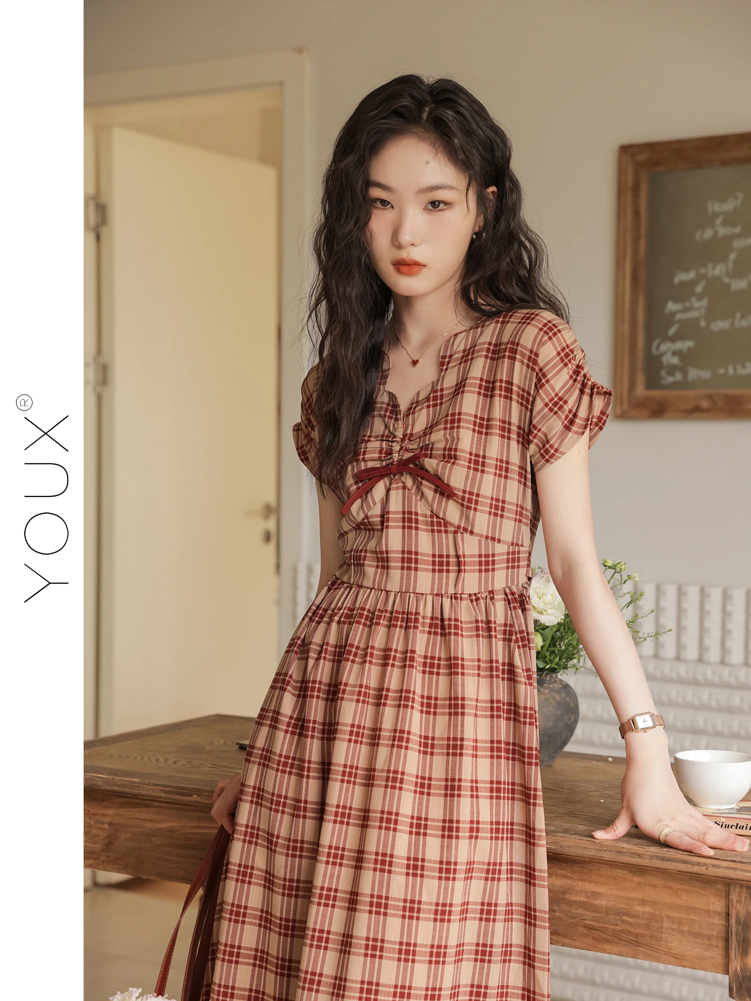 

French retro dress for women's summer new plaid waist long skirt pleated A-line skirt