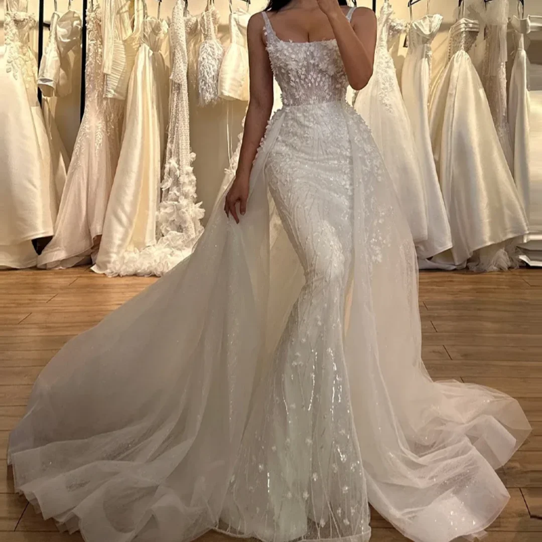 

Detachable 2 In 1Train Wedding Dresses for Mariages Appliques Suqare Collar Mermaid Spaghetti Straps Lace up Bride Dress Customi