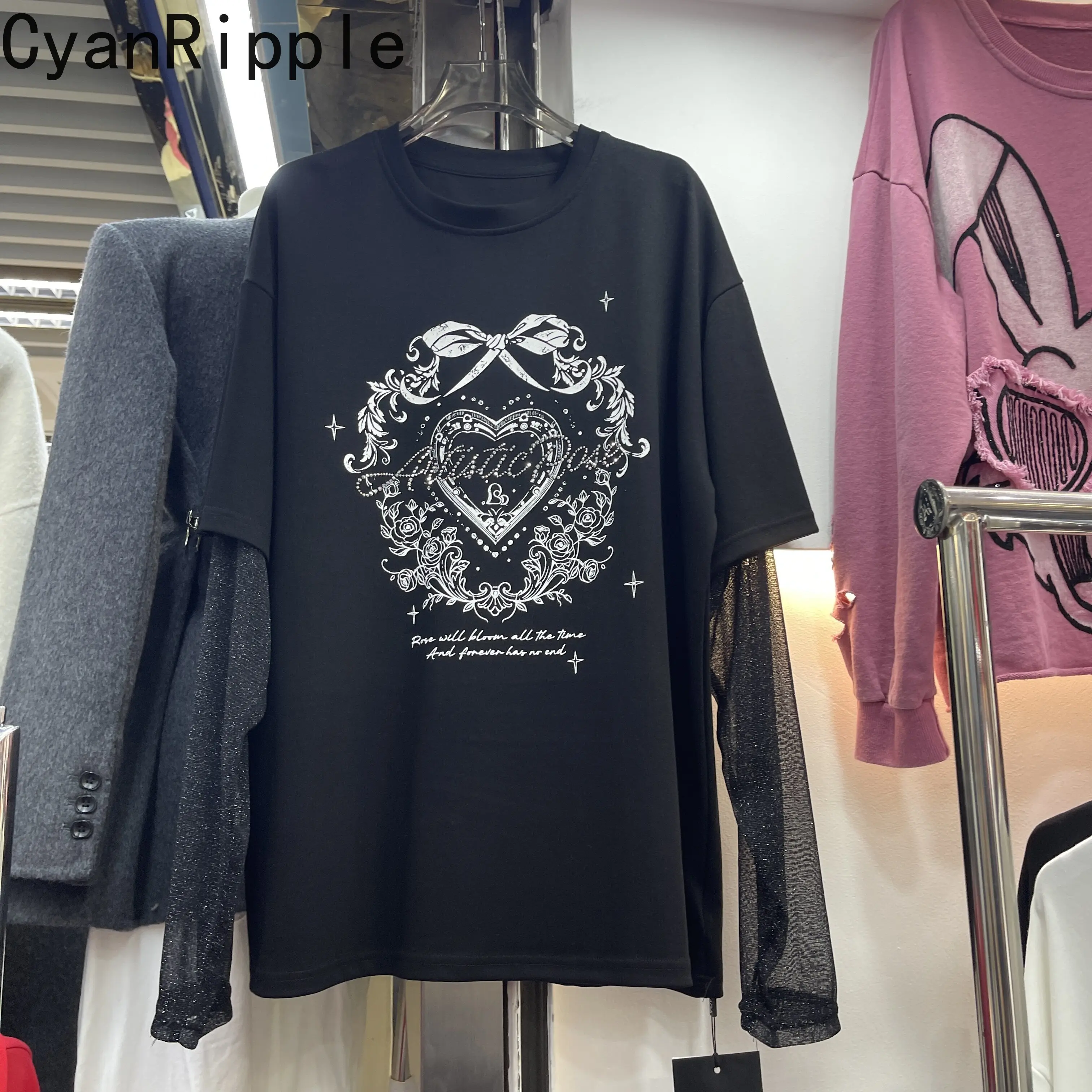 Trendy Hot Diamonds Printed Oversize Women T-shirt Faux Two-piece Round Neck Long Sleeve Pullover Top Loose Cotton Basic Tees