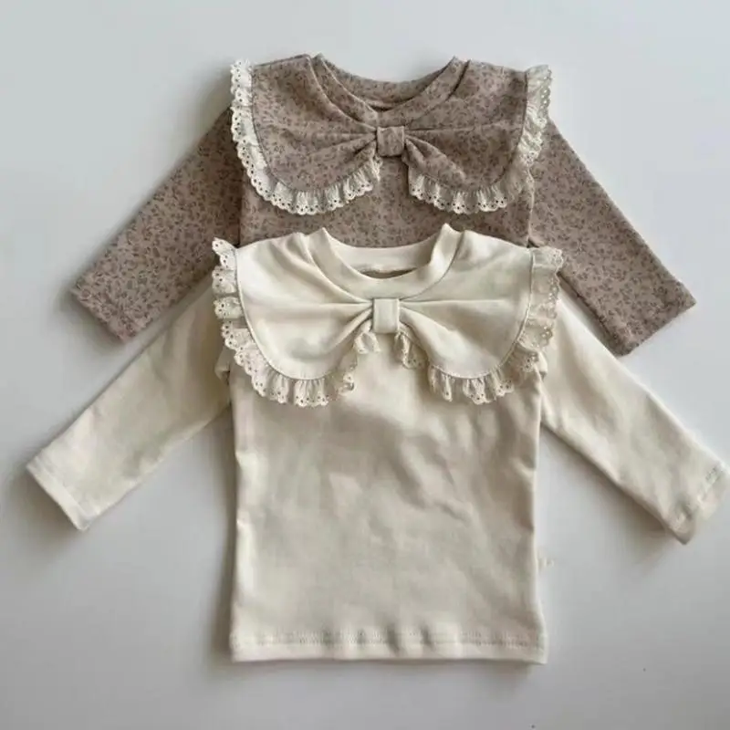 

2024 Autumn New Baby Girl Long Sleeve T Shirts Infant Bow Bottoming Shirt Floral Casual Tops Toddler Kids Clothes Baby Tees