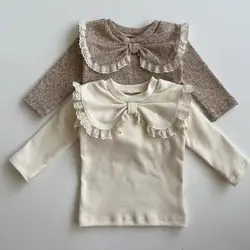 2024 Autumn New Baby Girl Long Sleeve T Shirts Infant Bow Bottoming Shirt Floral Casual Tops Toddler Kids Clothes Baby Tees