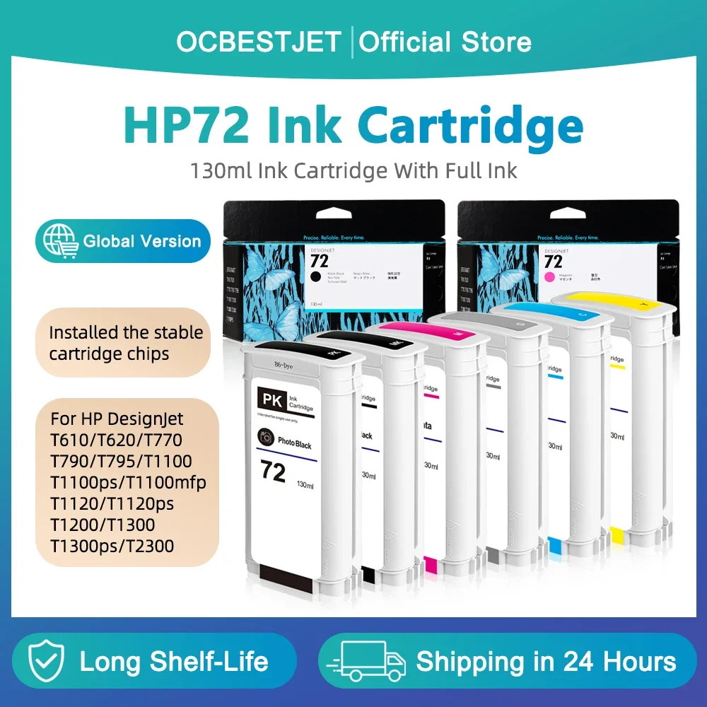 For HP 72 Ink Cartridge 130ML With Full Ink HP72 For HP DesignJet T610 T620 T770 T790 T795 T1100 T1120 T1200 T1300 T2300 6Colors