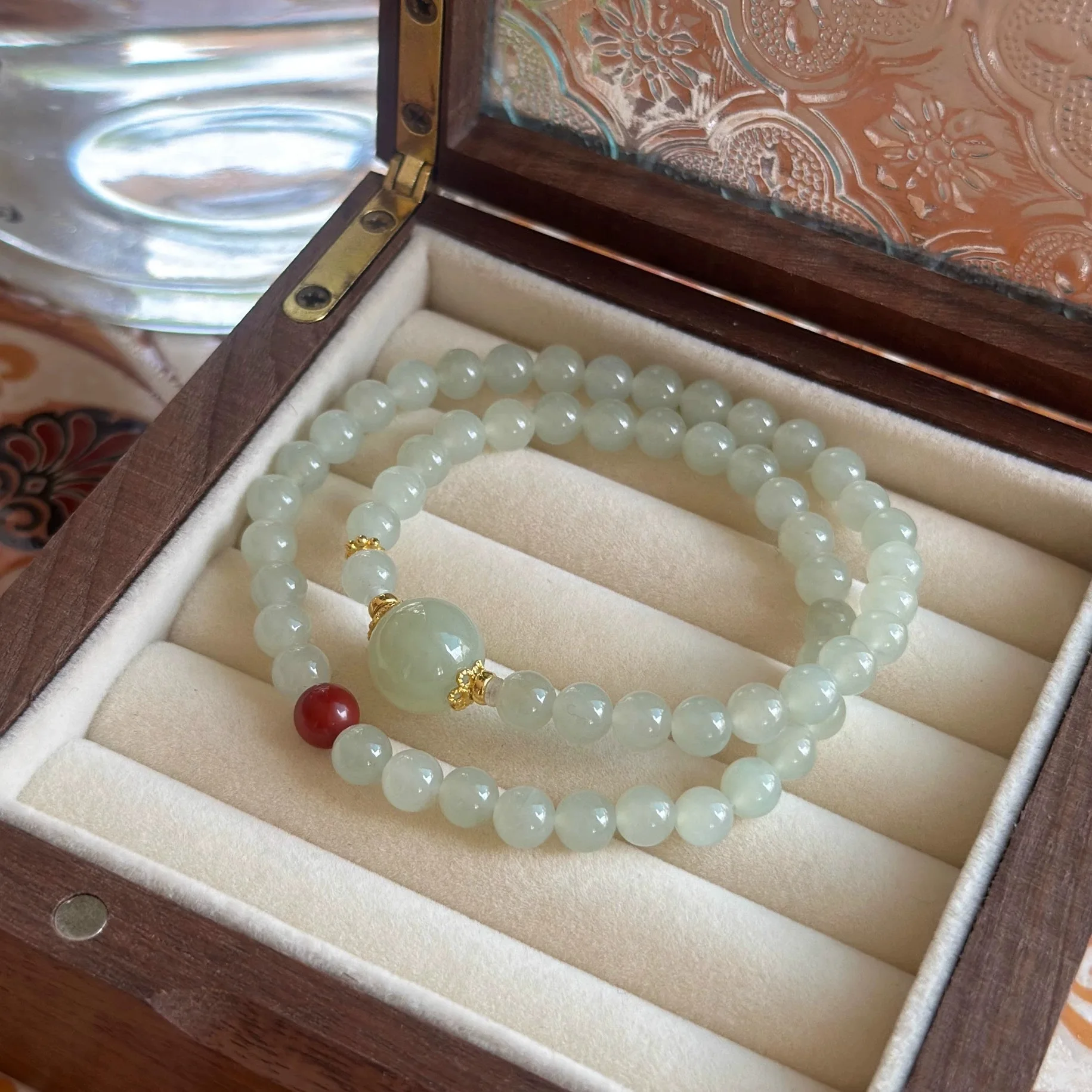 Natural Hetian Jade Clear Water Double Circle Bracelet: 6mm High-Ice Hetian Jade with Cinnabar Beads, Unisex Gift