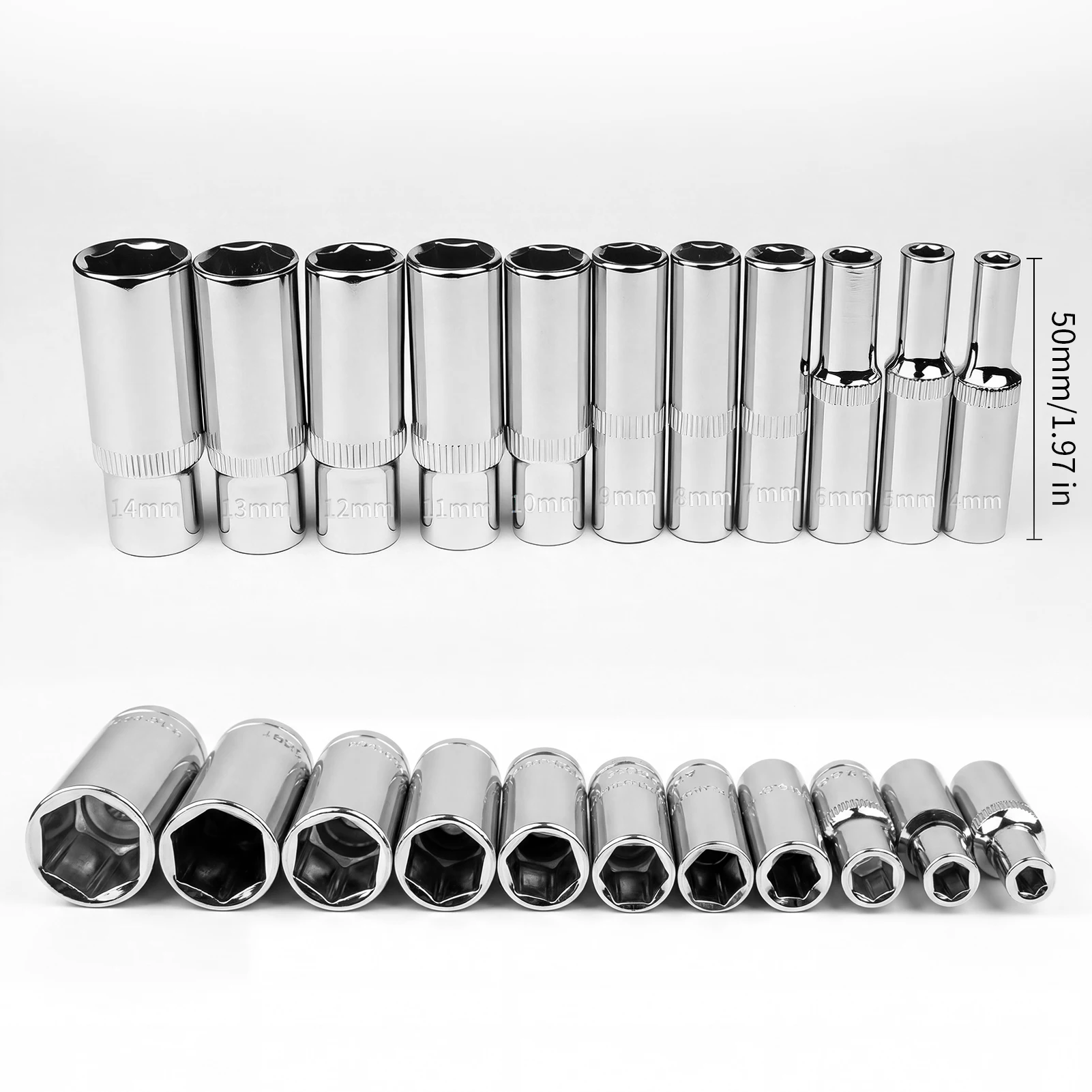 11pcs 1/4-Inch Drive 6-Point Deep Socket Set Metric Long Chrome Socket Set From 4mm to 14mm Professional Grad