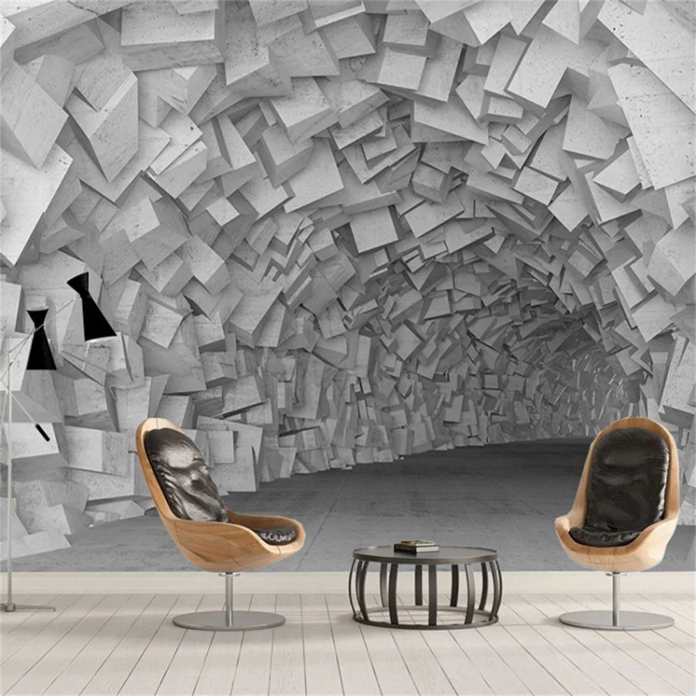 3D Non-Woven Wallpaper Modern Three-Dimensional Cement Block Tunnel Cave Background Personalized Customized Mural Decor