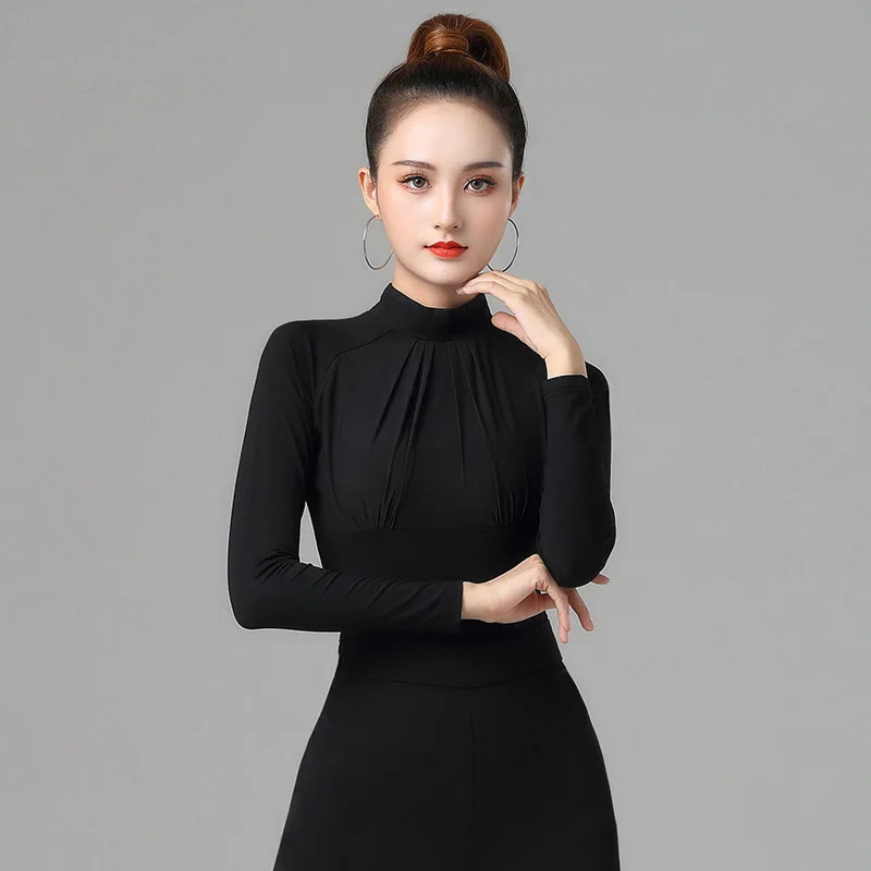 

2023 NEW Adult Women Modern Ballroom Waltz Costume Black High Neck Chest Folds Latin Dance Long-sleeve Tops Dancewear