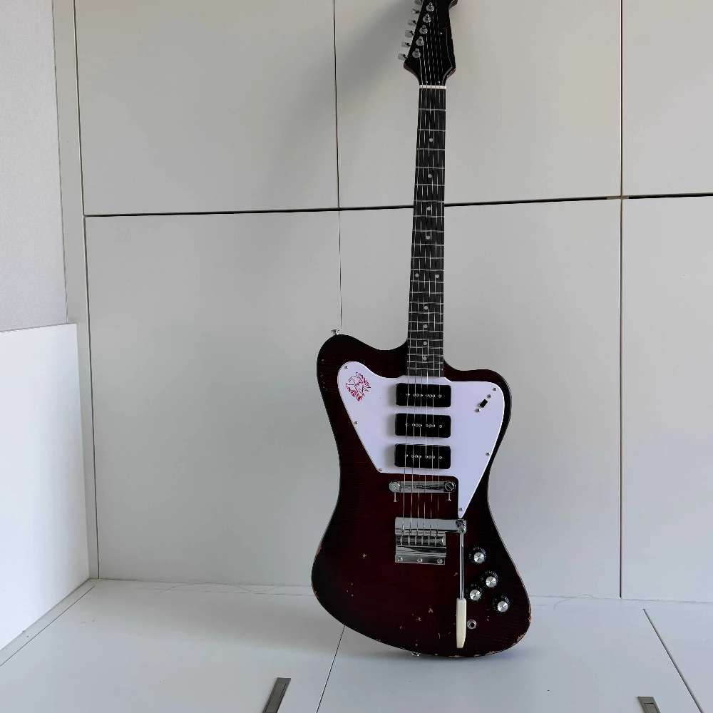 Unique Offset Solid Body Electric Guitar, Vintage Brown Aged Distressed Finish, Three Single Coil Pickups, Tremolo Bridge