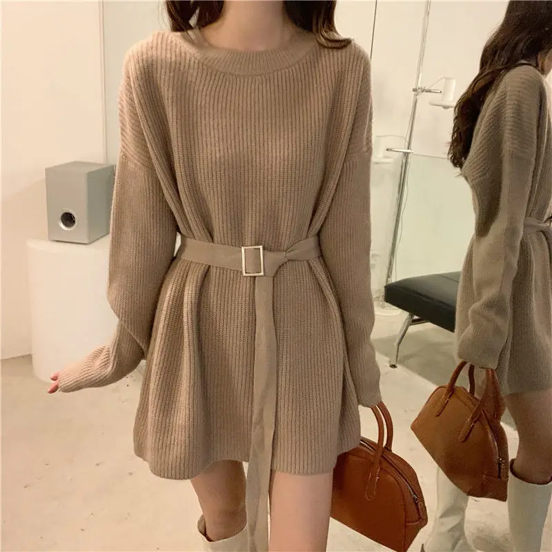 

Casual Stylish Sashes Waist Dresses Women's Clothing Solid Color Basic Autumn Winter Round Neck Loose Aura Knitted Mini Dress