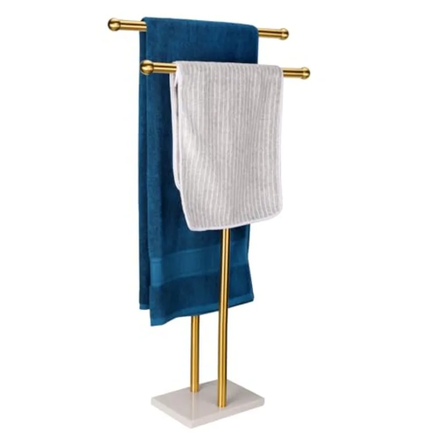 

Standing Towel Rack Double-T Shape Tall Bath Towel Sheet Holder with Marble Design Base for Bathroom 2 Tier Towel Holder Stand