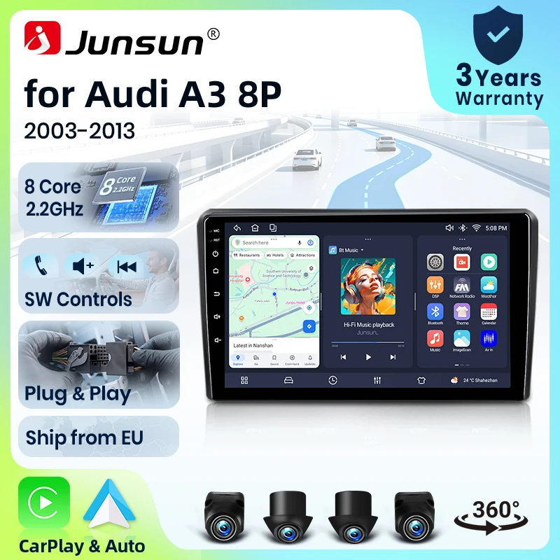 Autoradio Junsun 8 cœurs 4G WiFi pour Audi A3 8P 2003-2013, écran IPS, CarPlay, Android Auto, GPS, Navi, stéréo, SWC, BT, FM, AM, RDS, DSP, 2Din, Mirror Link, lecteur multimédia, commande vocale AI, caméra 360, mise à jour OTA en option, unité principale