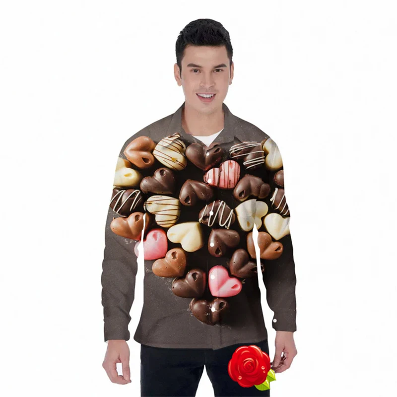 Fashion Chocolate Candy 3D Printed Shirts For Men Clothes Funny Snack Design Lapel Blouse Hip Hop Male Streetwear Button Blouses