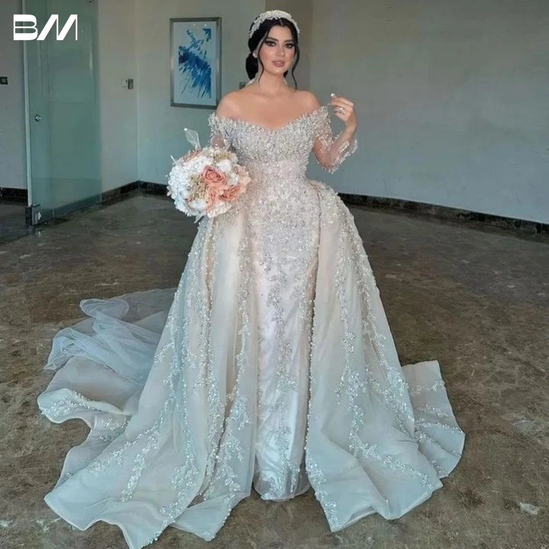 Beaded Embroidery Wedding Gown Long Sleeve Off The Shoulder Bride Dresses Court Train Luxury Mermaid Bridal Gown Robe De Mariée